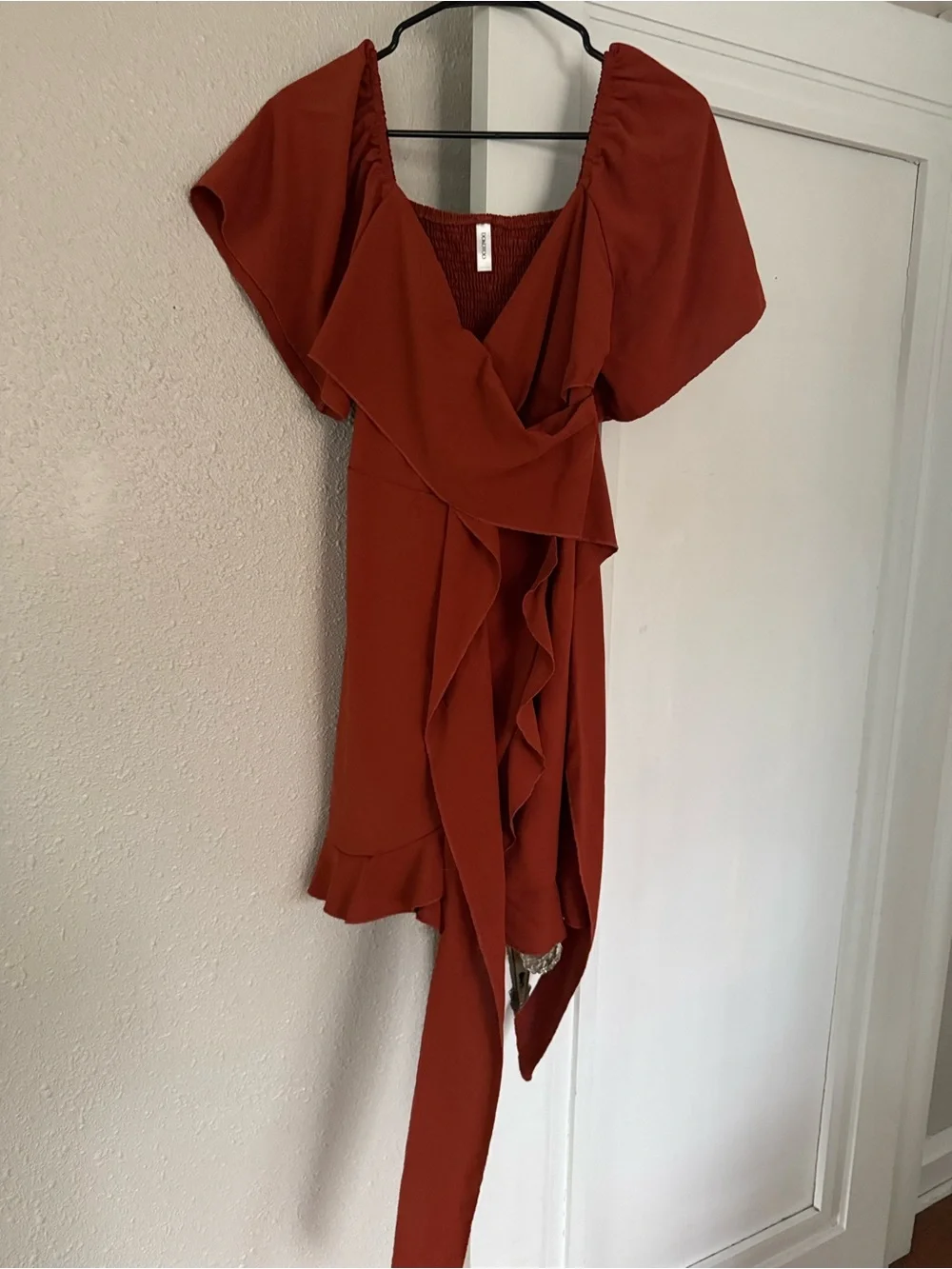 Amazon Rust Red Ruffle Wrap Mini Dress - Picture 1 of 3